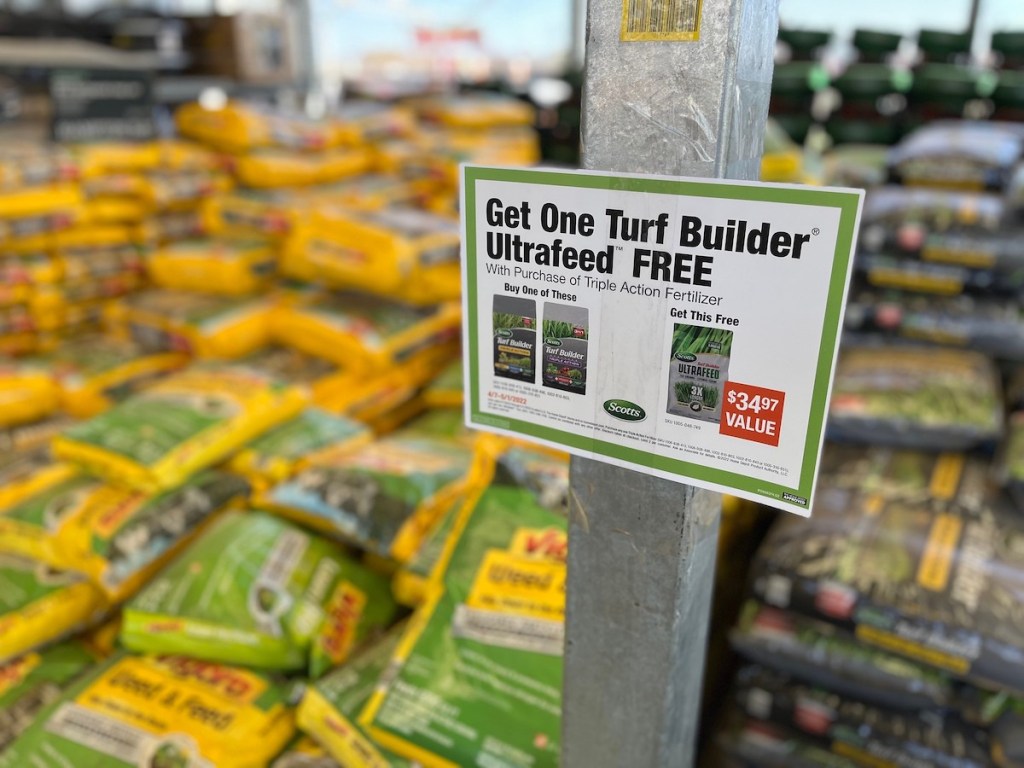 turf builder sales sign outside at the home depot