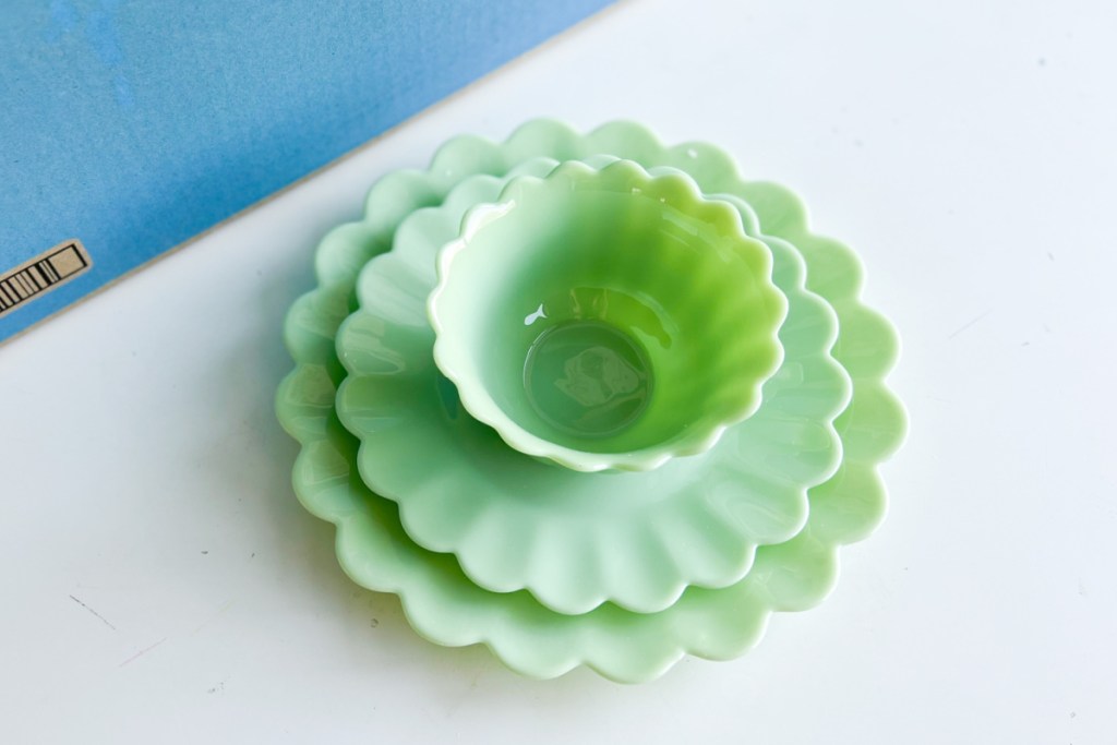 jade bowl, salad plate, & dinner plate in a stack