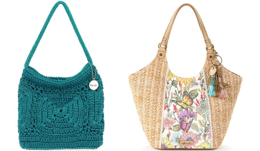 teal crochet and wicker butterfly print purses