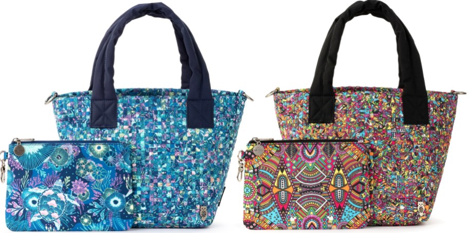 two printed mini tote bags with matching wristlets