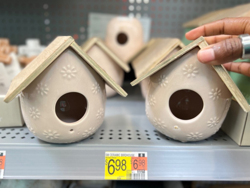 two Small Ceramic 5.5 Birdhouse Decoration with woman's hand