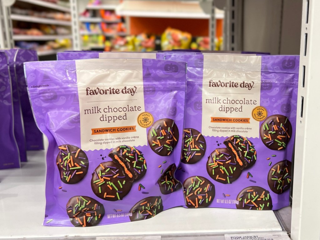 two bags of Favorite Day Halloween Milk Chocolate Dipped Sandwich Cookies displayed at the store