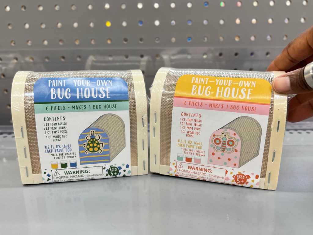 two paint your own bug house on shelf with woman's hand