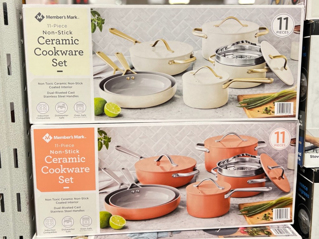 two sams club ceramic cookware set displayed at the store