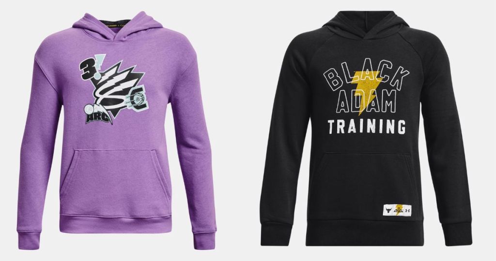 purple hoodie with grahic and black hoodie with blue and white printed and yellow lightning graphic