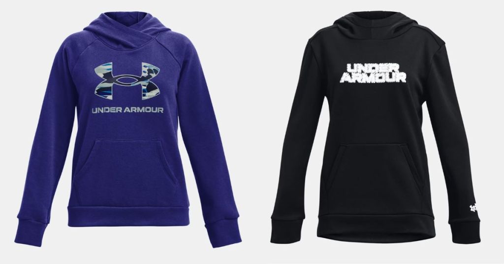 purple hodie with camo under armour graphic and black hoodie with white under armour print