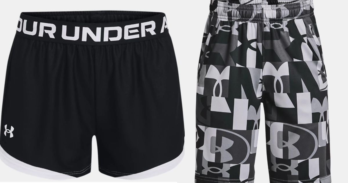 black and white Under Armour women's shorts nad gray and black Under Armour boys shorts