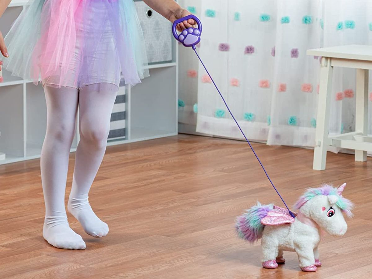 girl in a rainbow tutu walking unicorn toy on leash