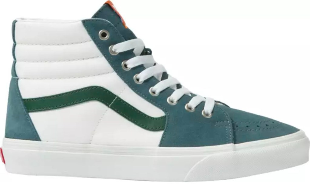 white and green hightop vans sk8 shoes