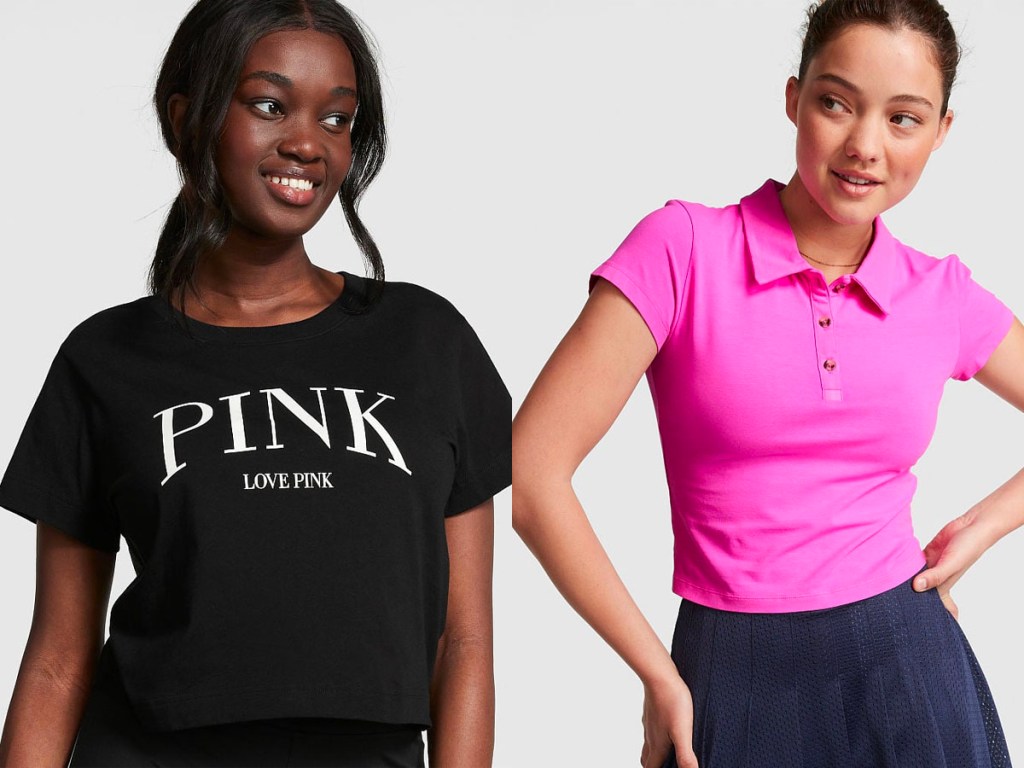 two women wearing black and pink tees
