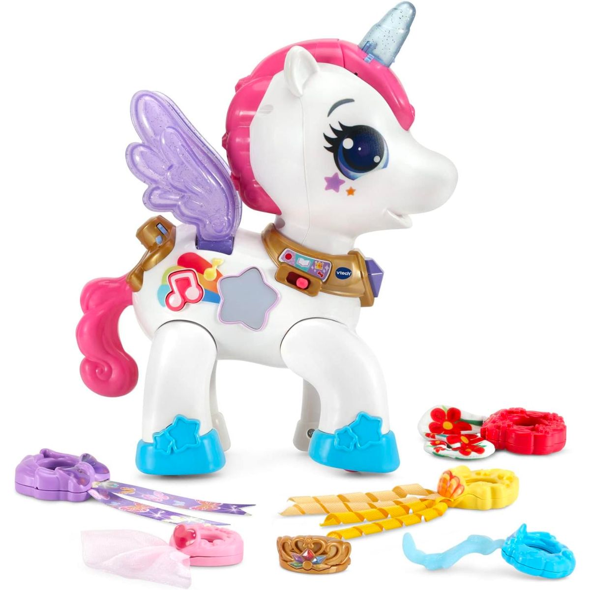 vtech glam on unicorn with accessories on white background