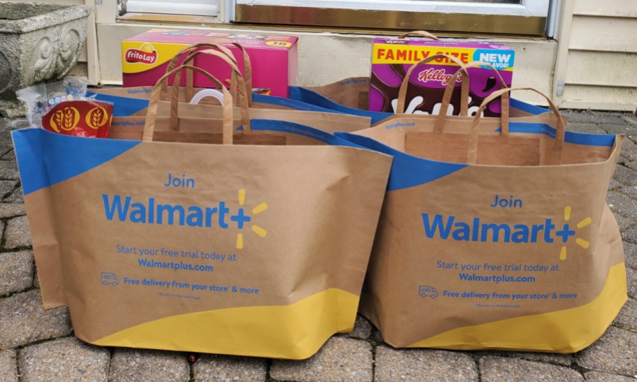 walmart grocery bags sitting outside home