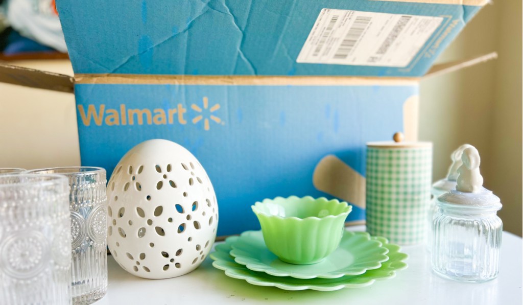 jade dishes, ceramic easter egg in front of walmart box
