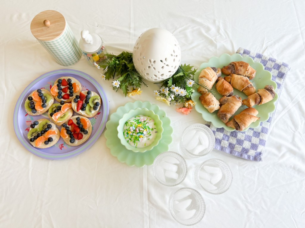 easter brunch spread with food on table