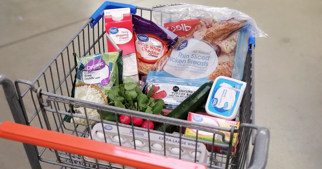 small Walmart shopping cart full of groceries