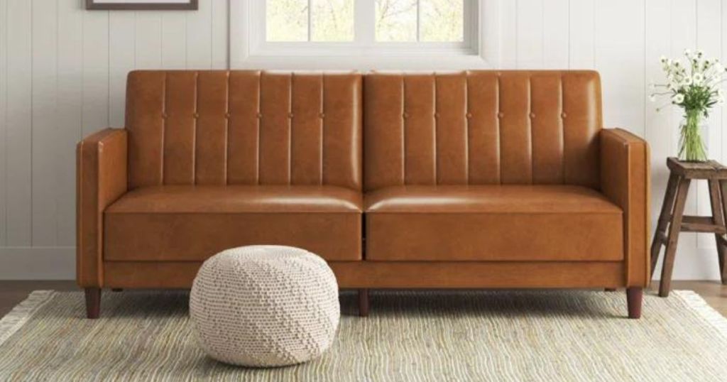 brown faux leather sofa in living room