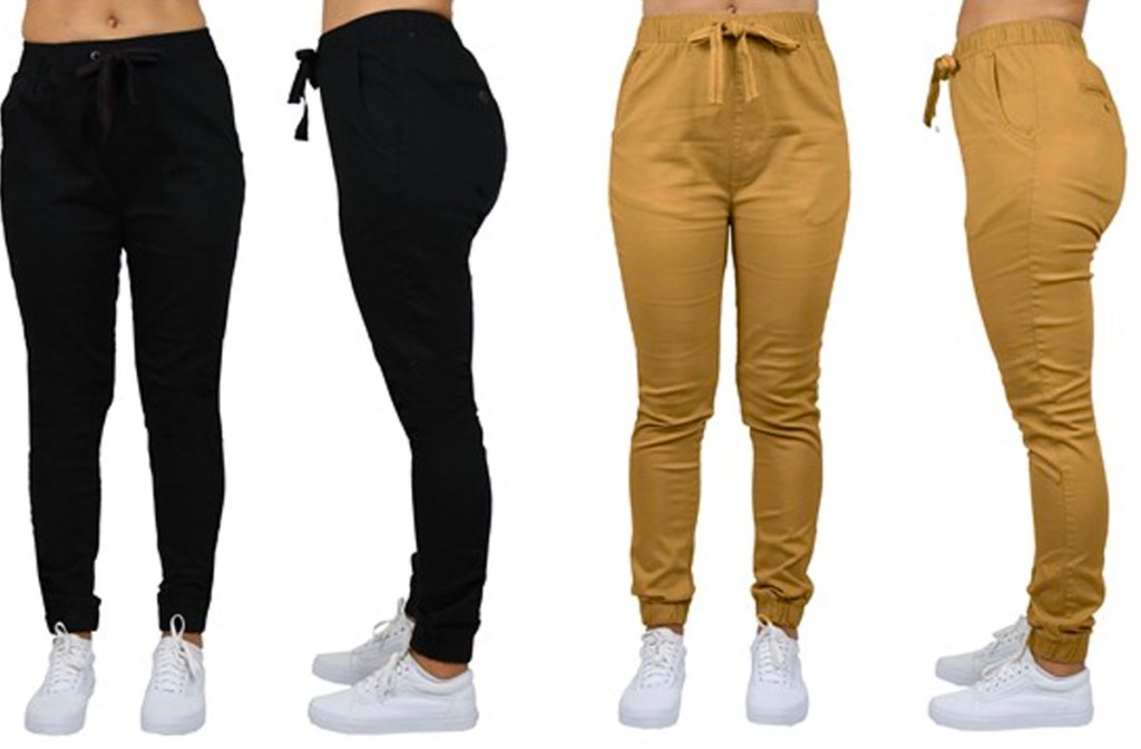 two women wearing black and tan pants front and side photos
