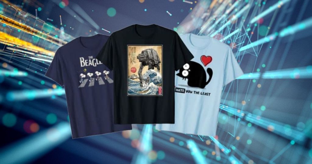 3 graphic tees with laser light background