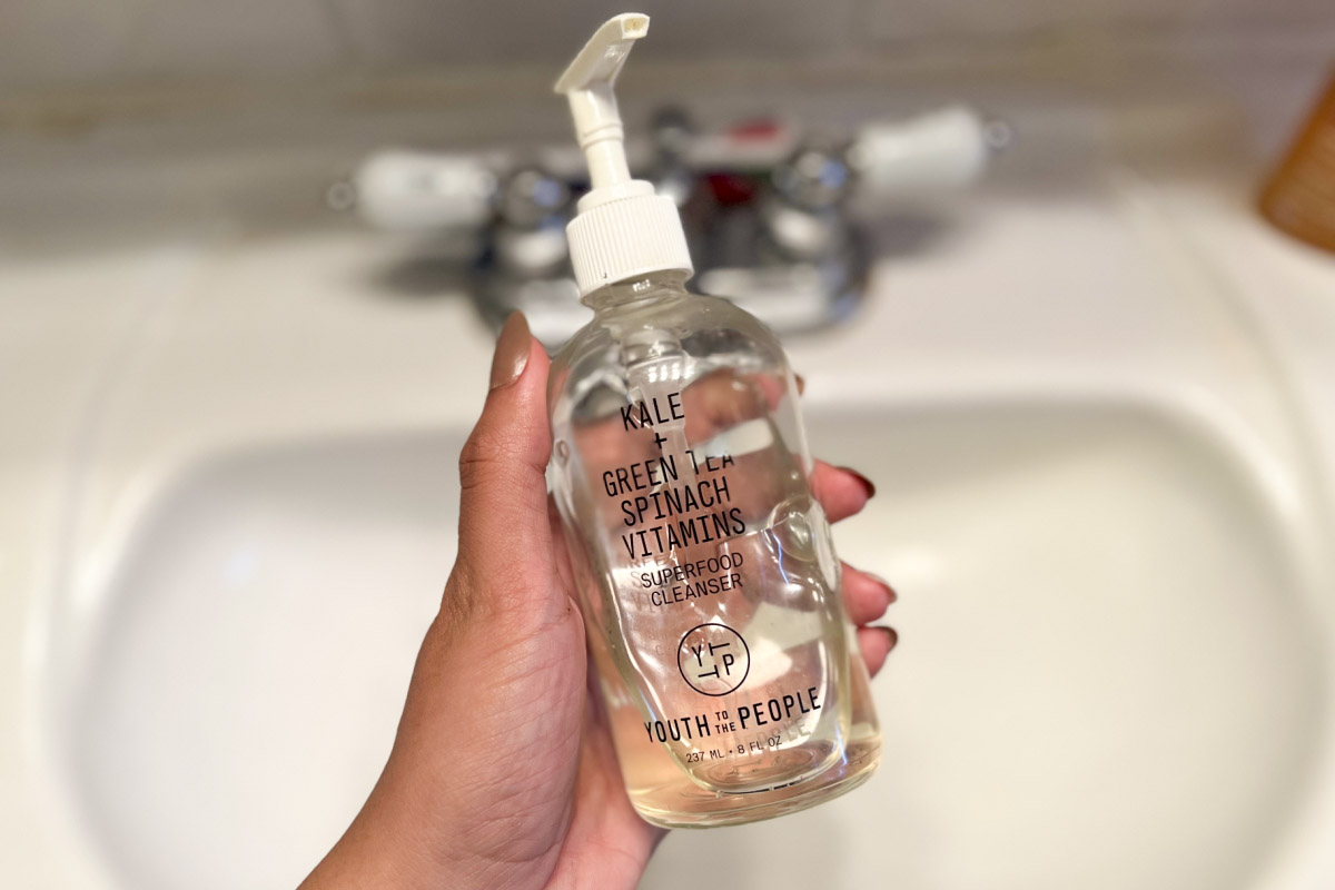 clean beauty youth to the people cleanser in the bathroom