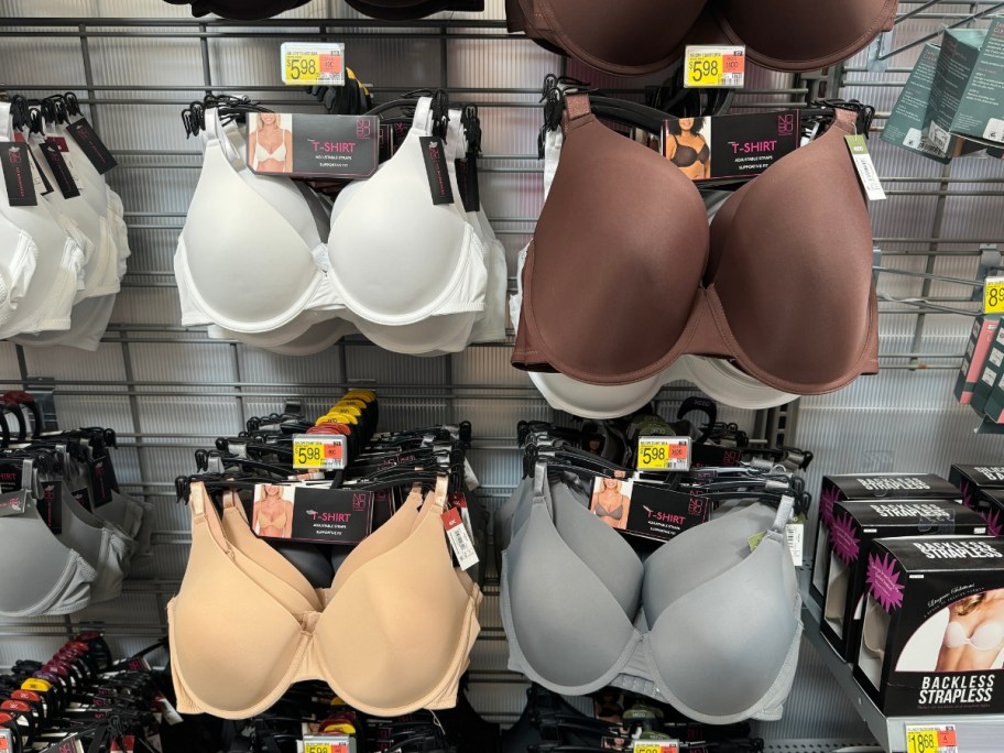 display of white, brown, tan and grey No Boundaries Bras at Walmart