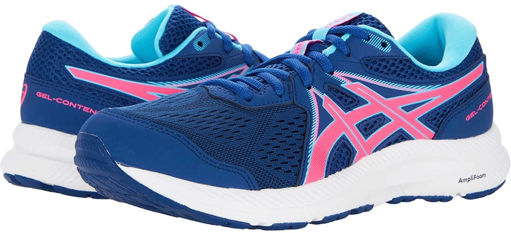 pair of blue and pink running shoes