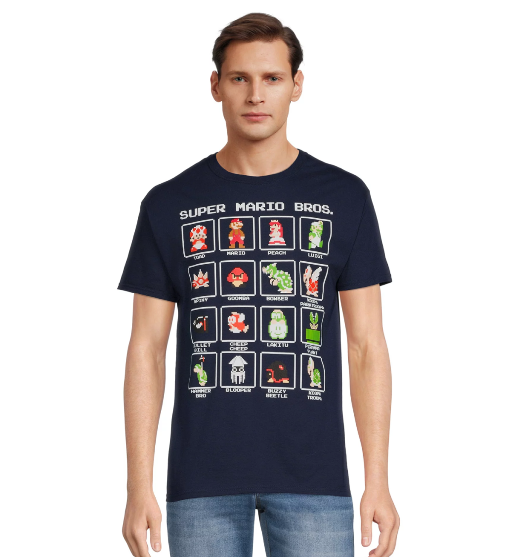 Man wearing a super mario shirt for adults featuring retro gaming characters from the original nintendo series