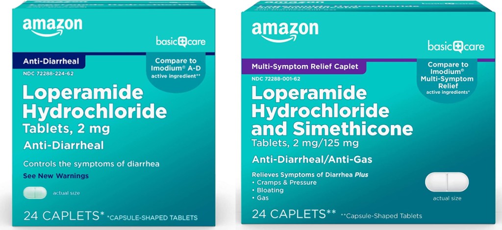 two blue boxes of Amazon Basic Care Loperamide Anti-Diarrheal Tablets