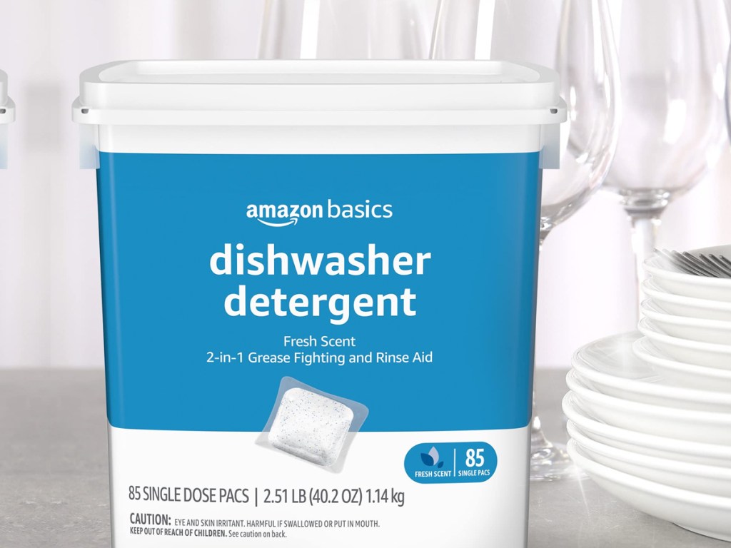 blue and white container of Amazon Basics Dishwasher Detergent
