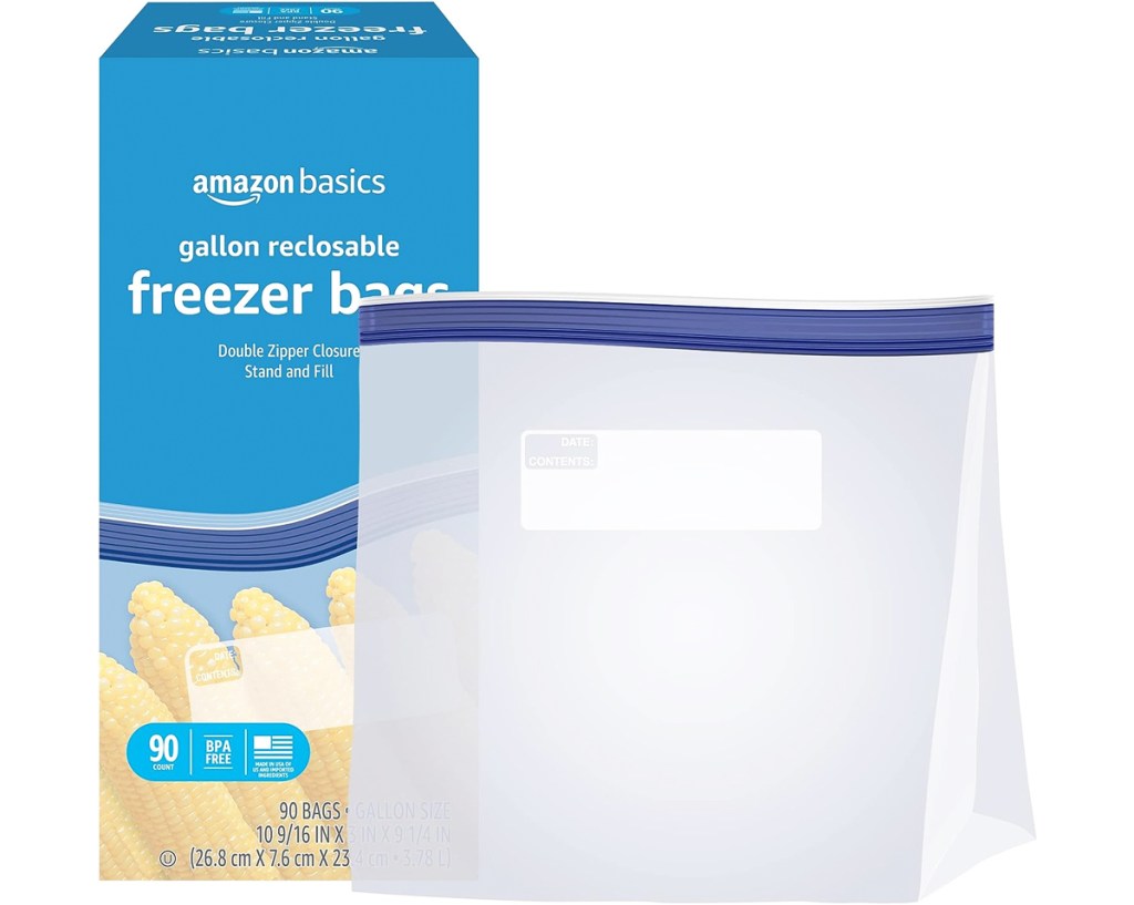 stand & fill bag in front of blue box of freezer bags