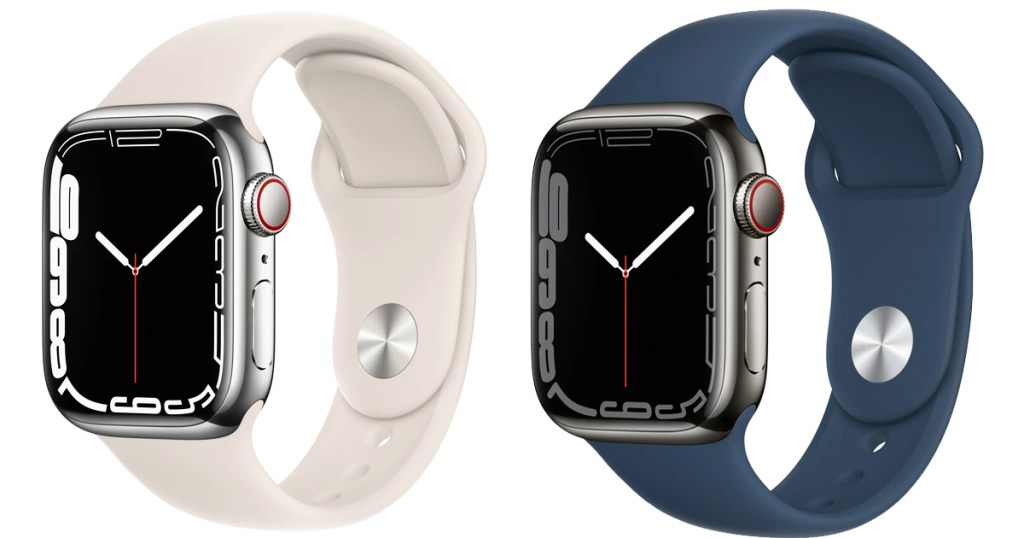 two apple watch series 7 watches with white and blue bands