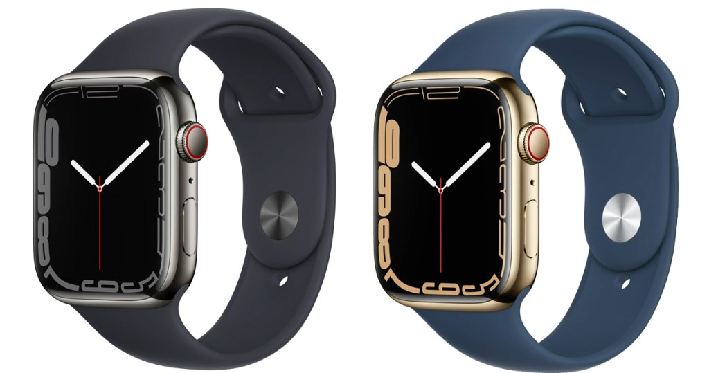two apple watch series 7 watches with black and blue bands