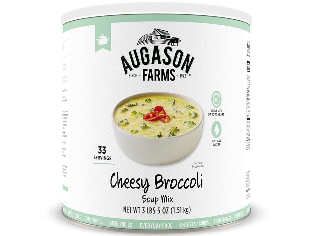 A 54 ounce can of Augason farms cheesy broccoli soup mix