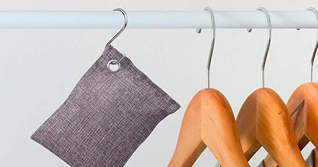 Bamboo Charcoal Odor Absorber Bag hanging in a closet