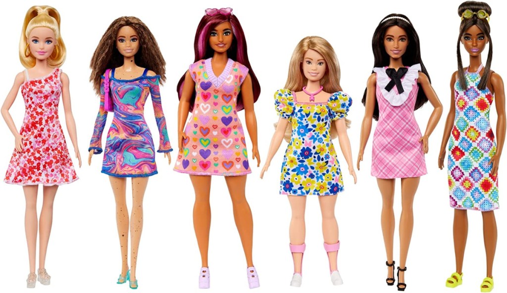 A line up of several diverse Barbie Fahsionista Dolls