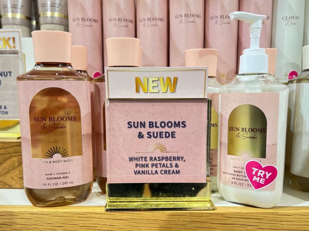 Display with Bath & Body Works Sun Blooms & Suede Shower Gel and Lotion