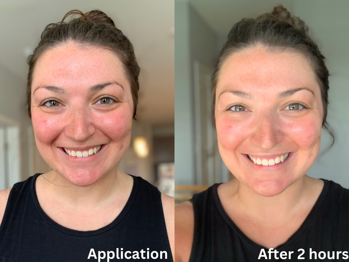 A before and after photo of a woman using Sunfoam, Il Makiage's self-tanner 