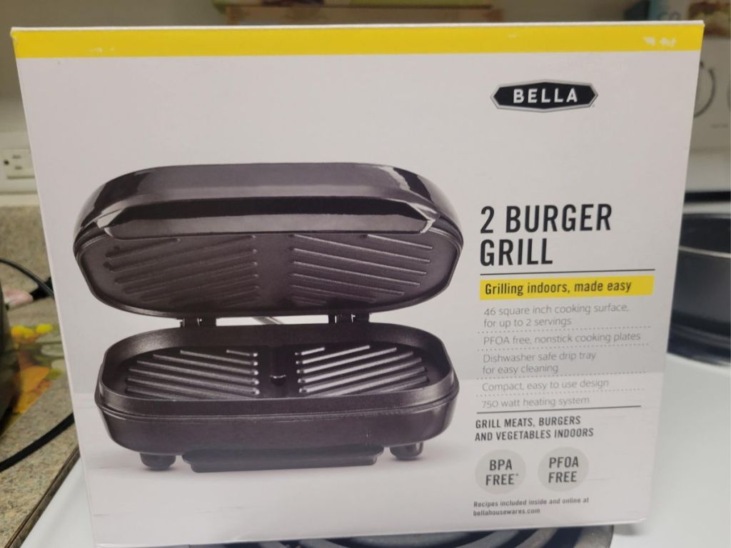 Box with a Bella indoor grill and panini maker on it