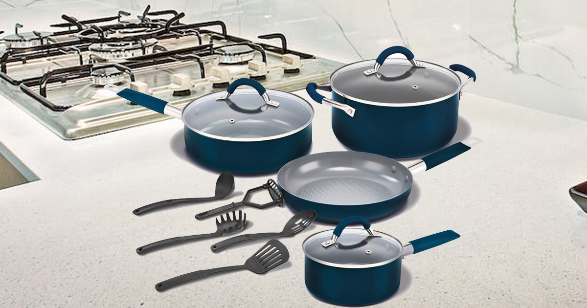 BELLA Nonstick Cookware Set with Glass Lids - Aluminum Bakeware, Pots and  Pans, Storage Bowls & Utensils, Compatible with All Stovetops, 21 Piece