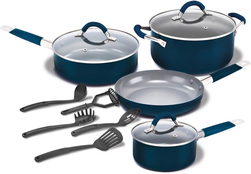 blue cookware set with utensils