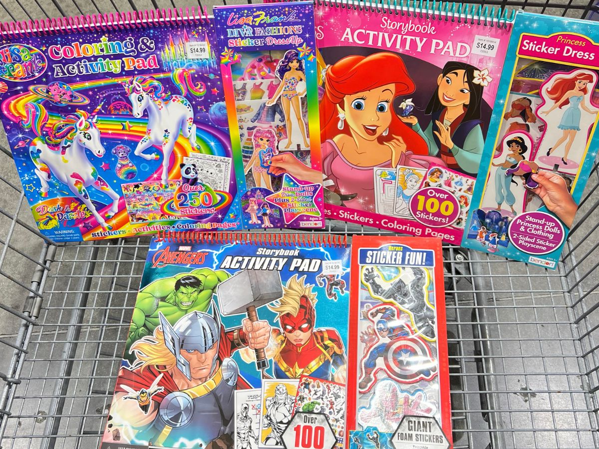 various activity books in a Costco cart