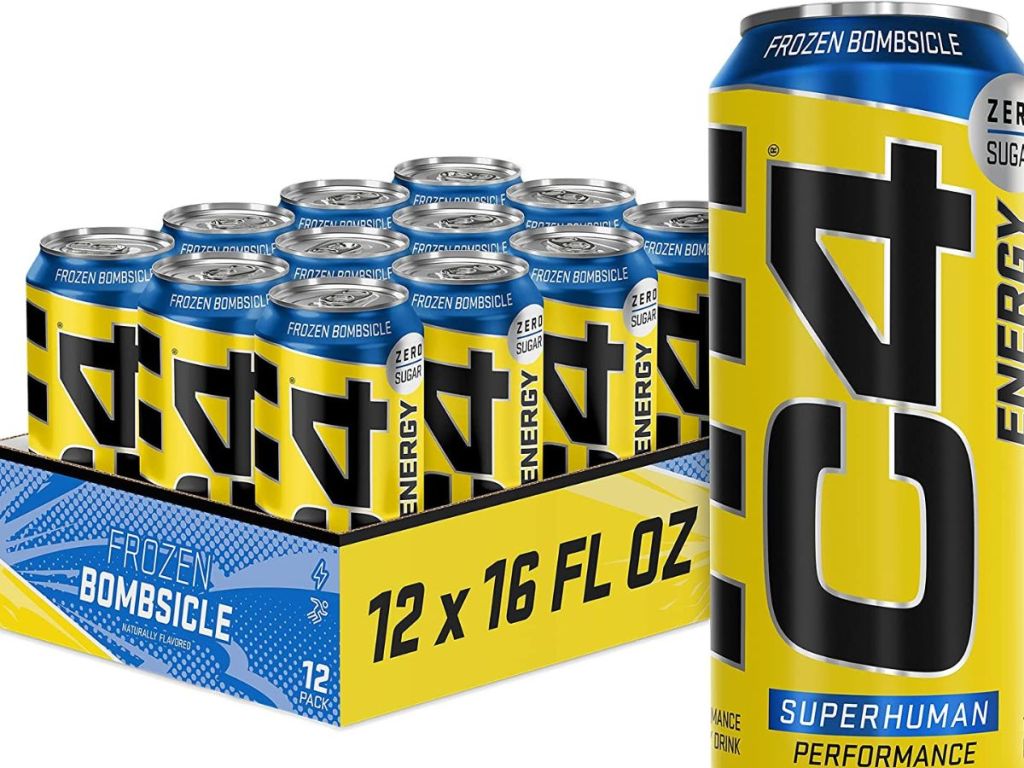 13 yellow drinking cans