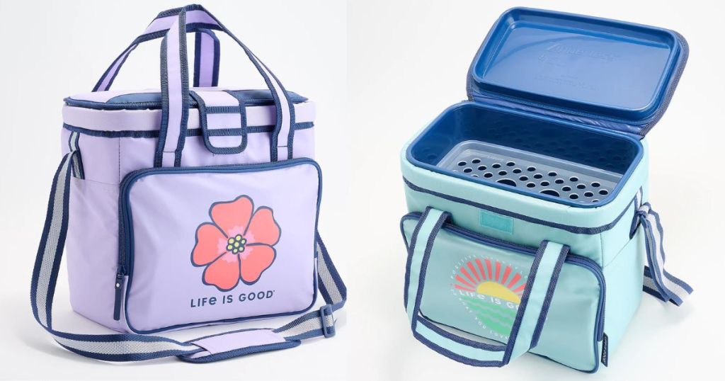 lila Kühltasche mit Blumengrafik „Life Is Good“ und blaugrüne Kühltasche mit „Life Is Good“- und Sonnengrafik 
