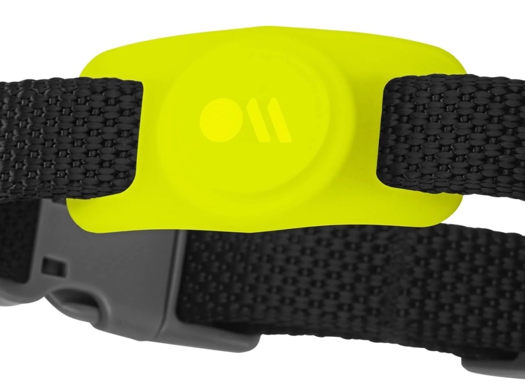 yellow airtag holder on a black dog collar