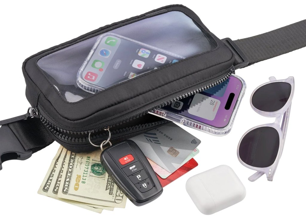 phone, money, keys, and sunglasses coming out of a clear belt bag