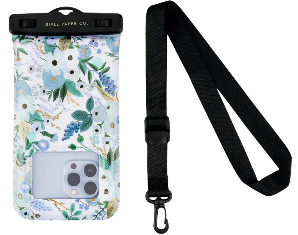 blue and white floral print phone pouch with black strap