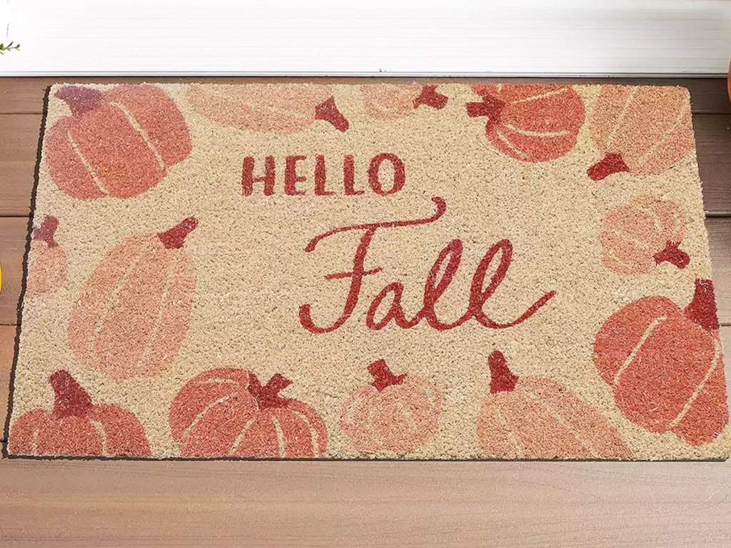 pumpkin print doormat that says hello fall