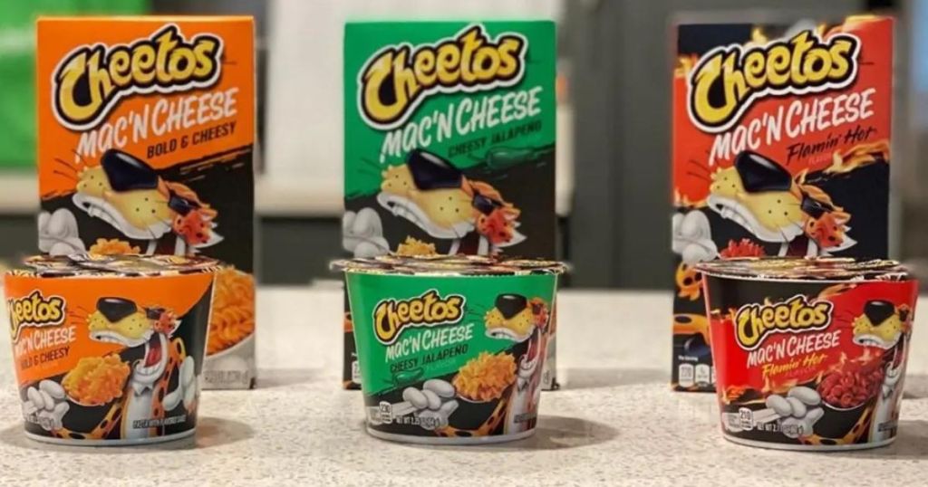 Cheetos Mac and Cheese cups and boxes 