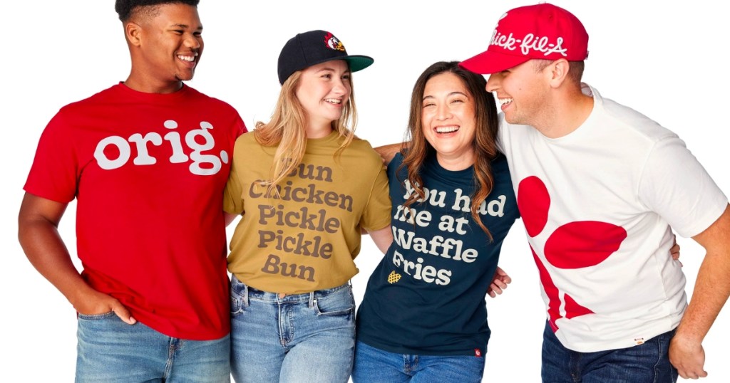 men and women wearing chick-fil-a shirts and hat