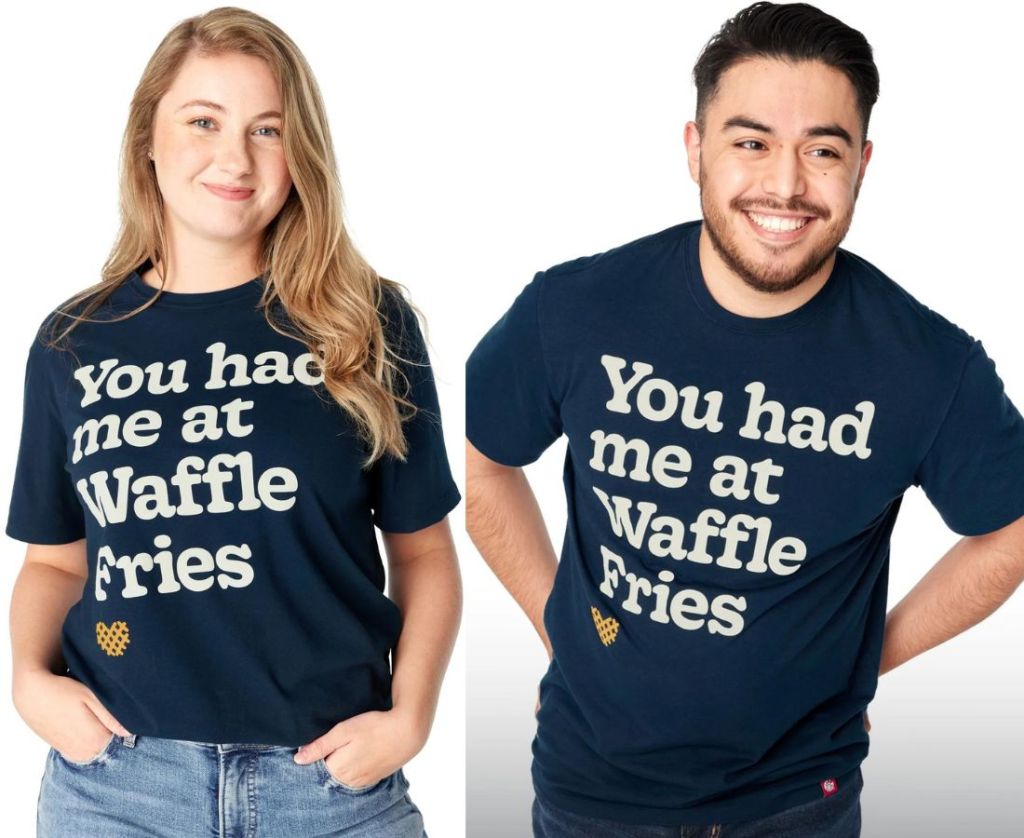 2 people wearing Chick Fil A "You had me at Waffle Fries" shirts