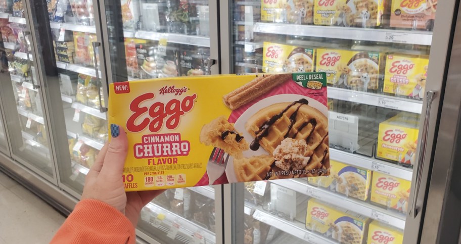 hand holding up a box of Cinnamon Churro Eggo Waffles